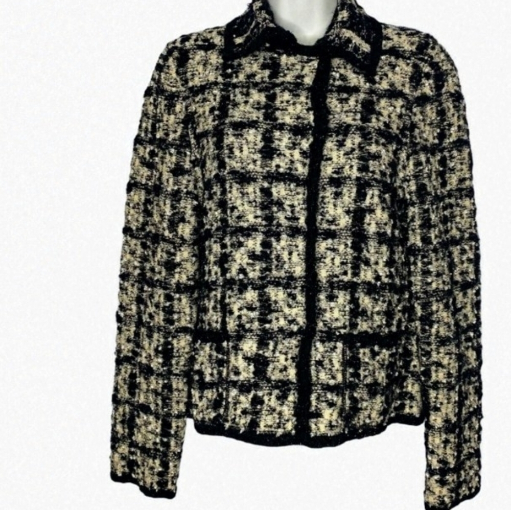 Escada Glistening Black Metallic Cream Knit Boucle Tweed M Wool Jacket Cardigan - Picture 7 of 7
